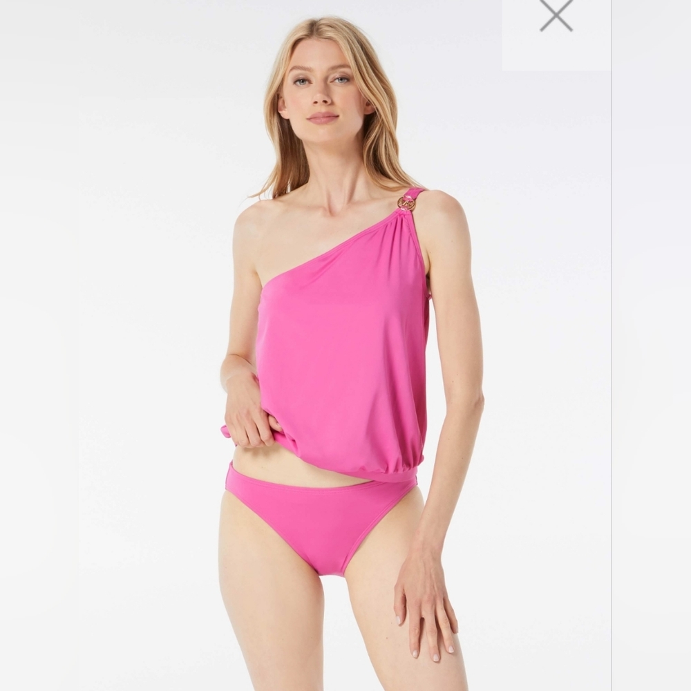 MICHAEL Michael Kors One Shoulder Blouson Tankini Top Logo Pink Cerise - Solid